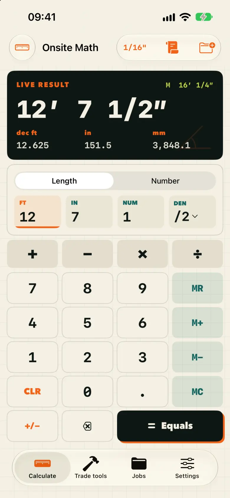 Onsite Math iPhone calculator showing a 12 foot 7 and one-half inch result with decimal feet, inches, and millimetres